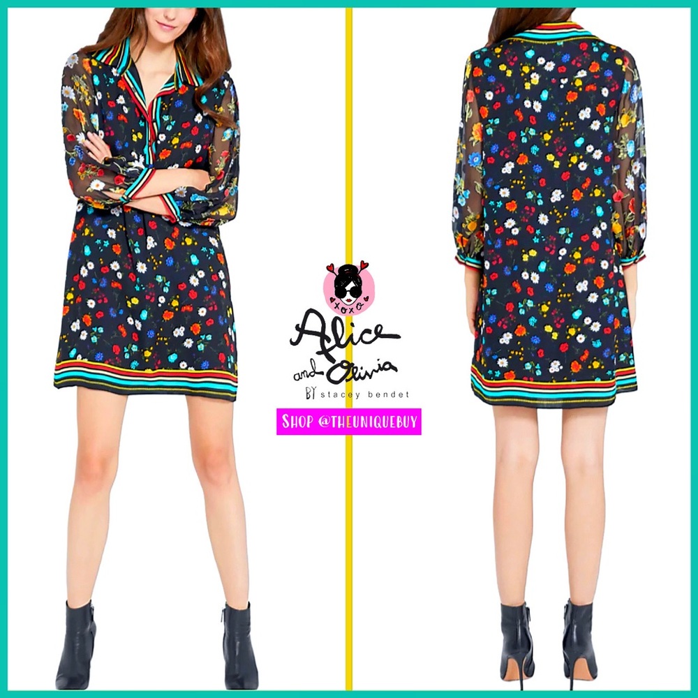 Alice + Olivia Lalita Floral Collared Mini Shirt Dress - Picture 3 of 16
